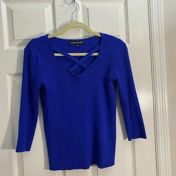 Catherine Malandrino Blue Ribbed Knit Sweater L Criss Cross V Neck Stretch Top - Picture 1 of 4